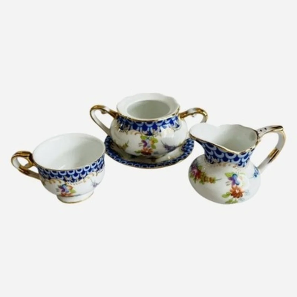 Mosaic Floral Porcelain Mini Decorative Tea Set 4Pc Creamer Sugar Cup Saucer EXC